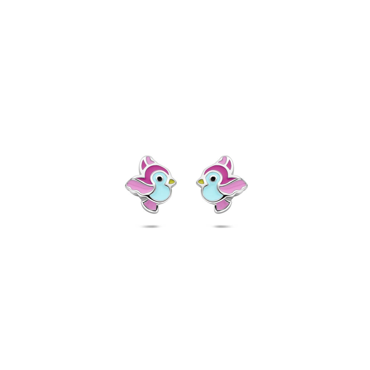 Zwei gerhodinierte 925 Silber-Ohrstecker in Form von bunten Vögeln mit blauen und rosa Details