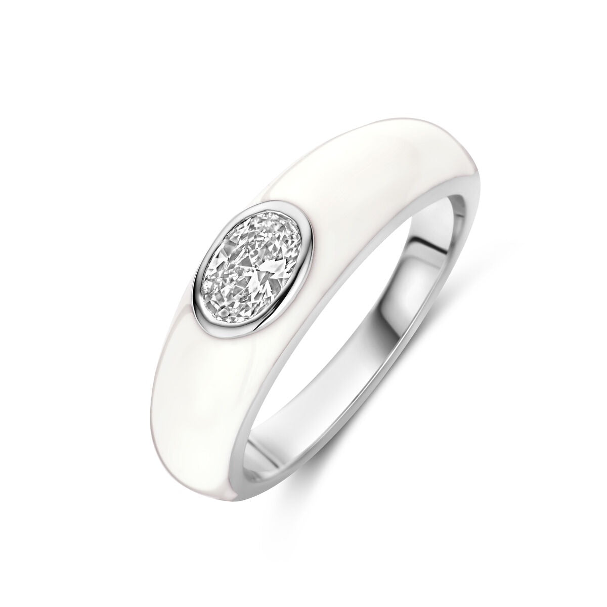 Ring aus rhodiniertem Silber mit weißem Emaille und Zirkonia im ovalen Design