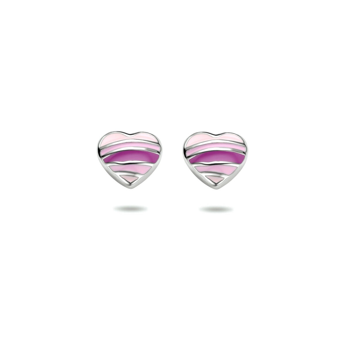 Ohrstecker in Herzform aus rhodiniertem Silber mit pink- und lilafarbenen Streifen