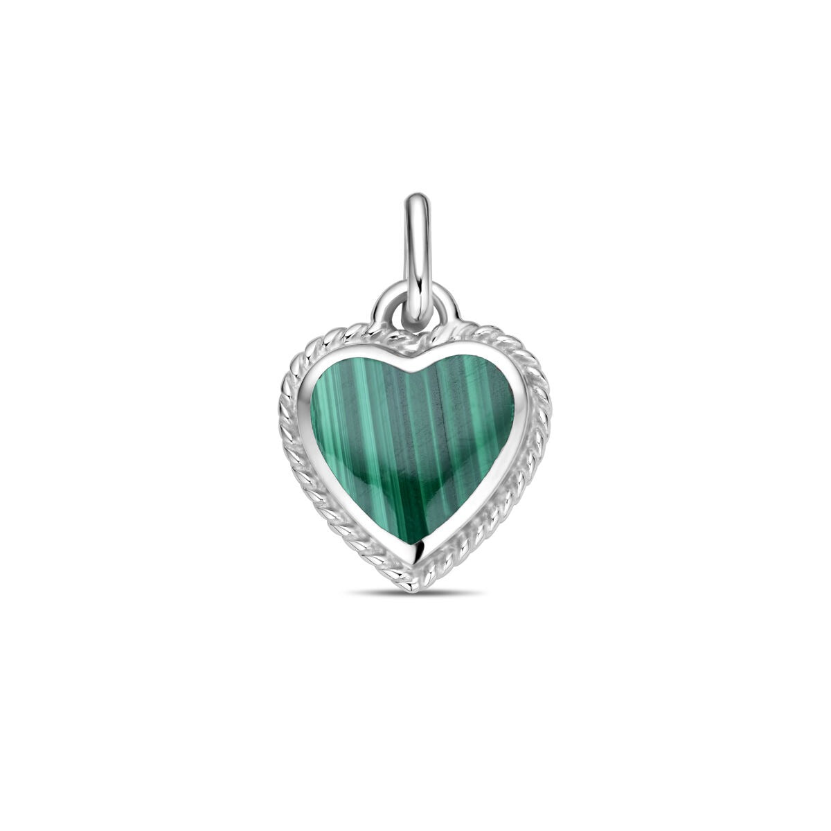 Hänger in Herzform aus rhodiniertem Silber mit grünem Malachit und feiner Zierkante