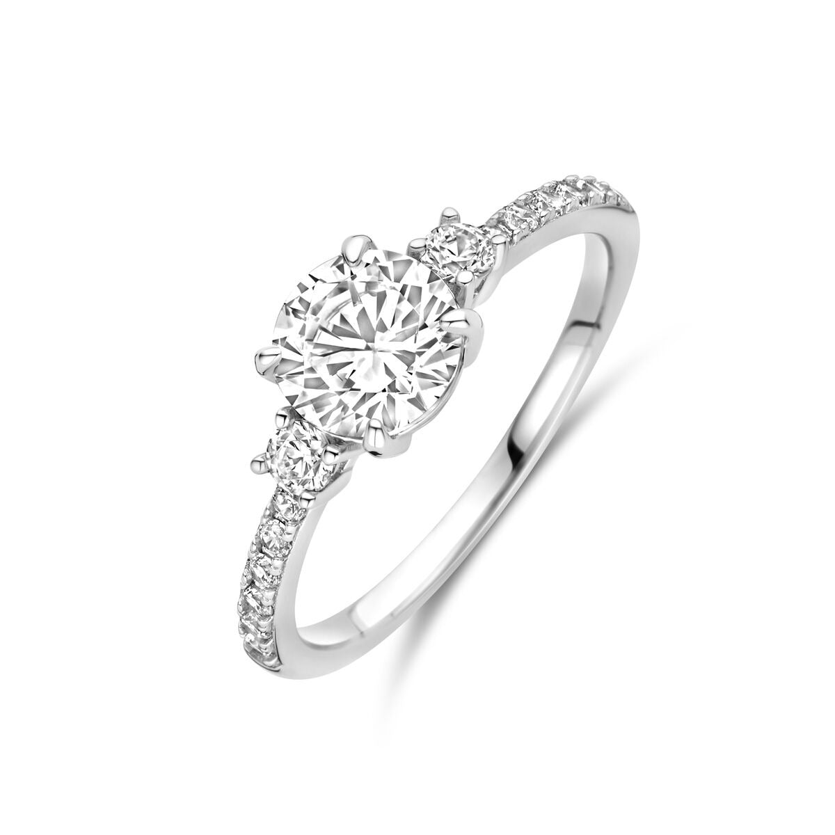 Silberner Damenring mit brillantgeschliffenem Zirkonia, rhodiniertes 925 Silber, 6,5 mm breit