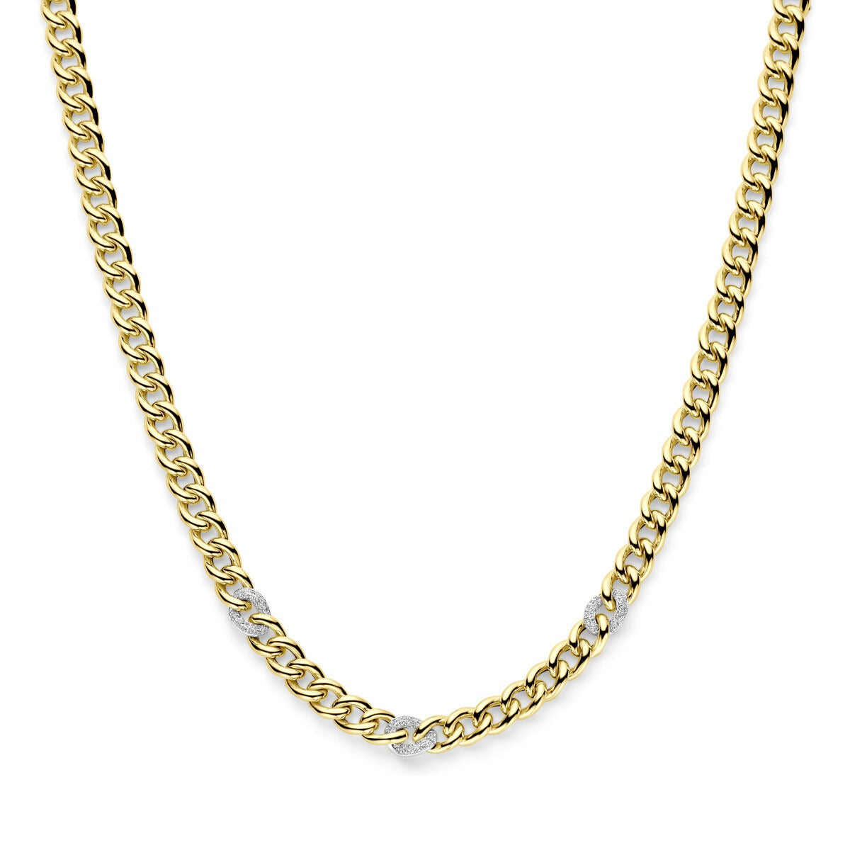 Bicolor Collier aus 14k Gelb- und Weißgold mit Diamanten, flache Gliederkette