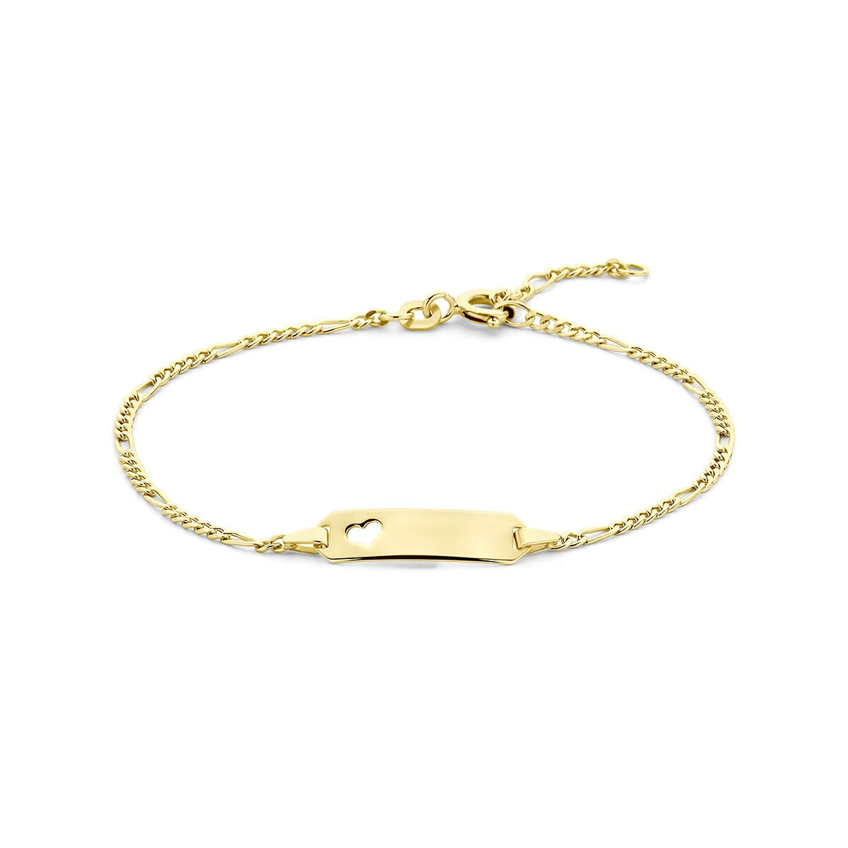 14k Gelbgoldene Gravurarmband mit Platte und feinem Kettendesign