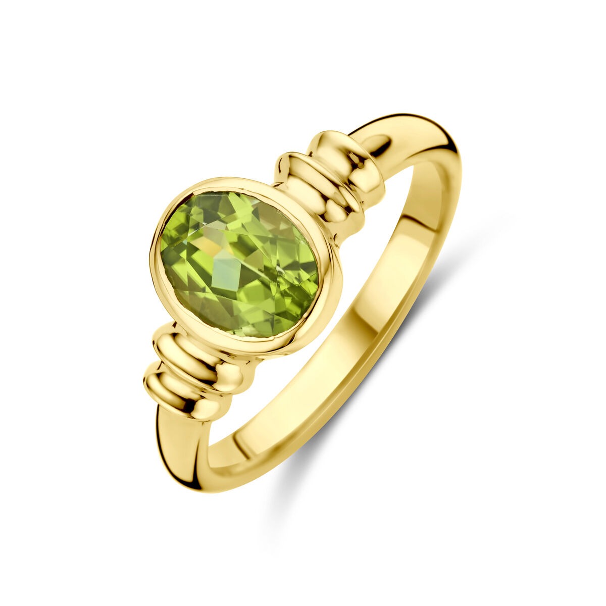 Damenring aus 14k Gold mit ovalem Peridot und geschwungenen Details