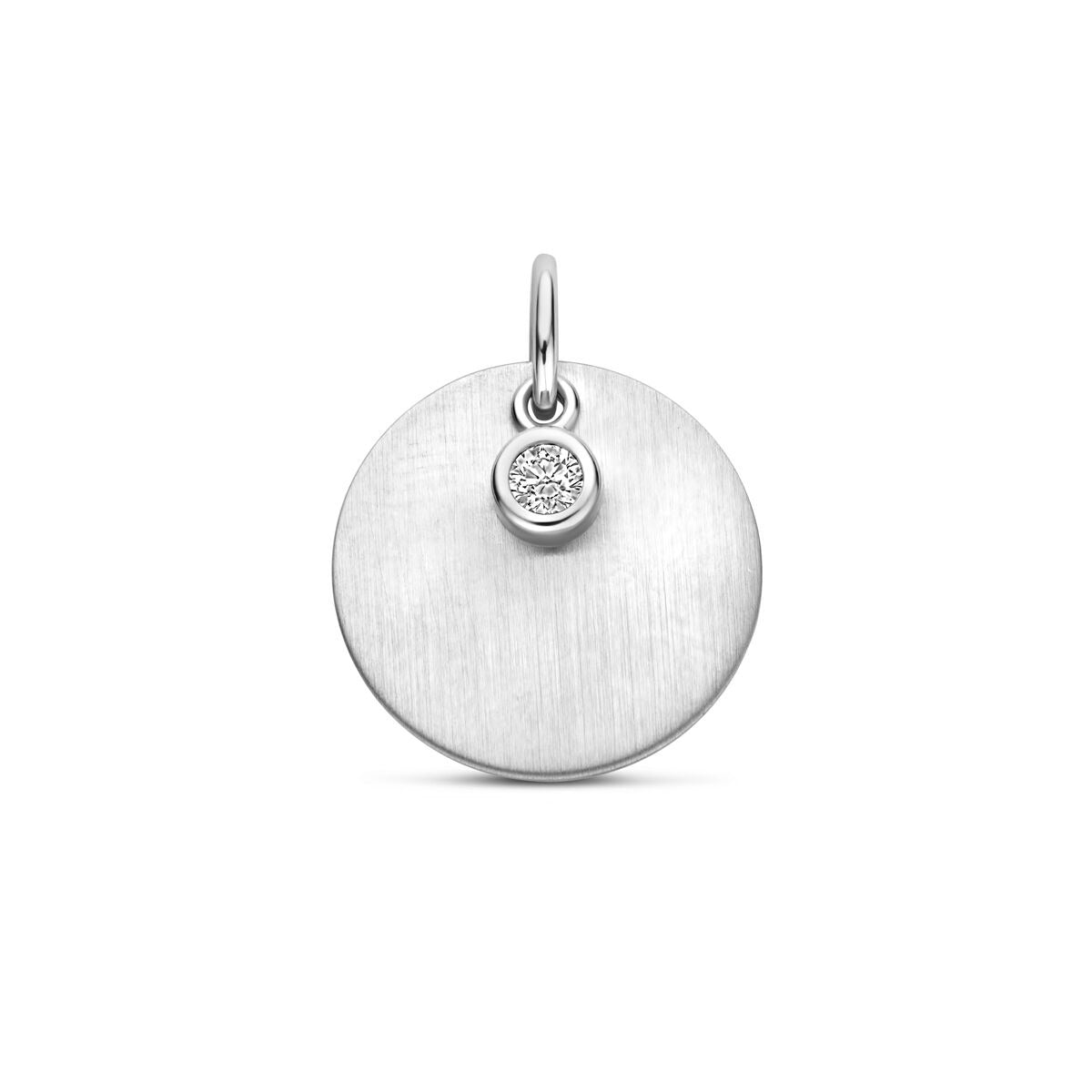 Gravierte runde Anhänger aus rhodiniertem 925 Silber mit Zirkonia und matter Oberfläche