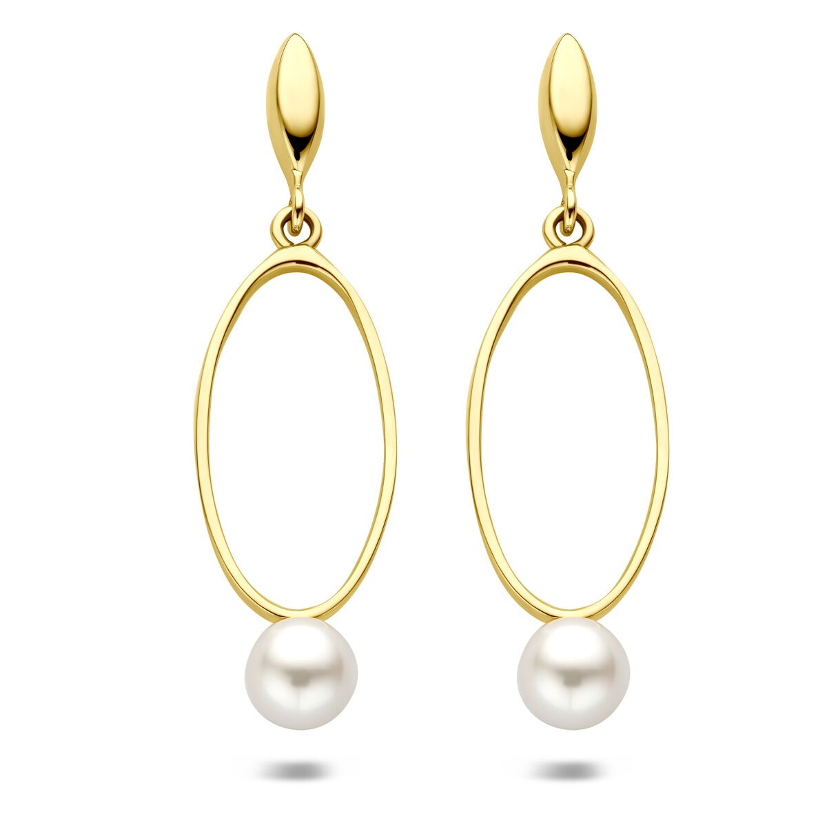 Ohrhänger aus 14k Gelbgold mit einer weißen Perle, 37 mm lang und ovaler Form