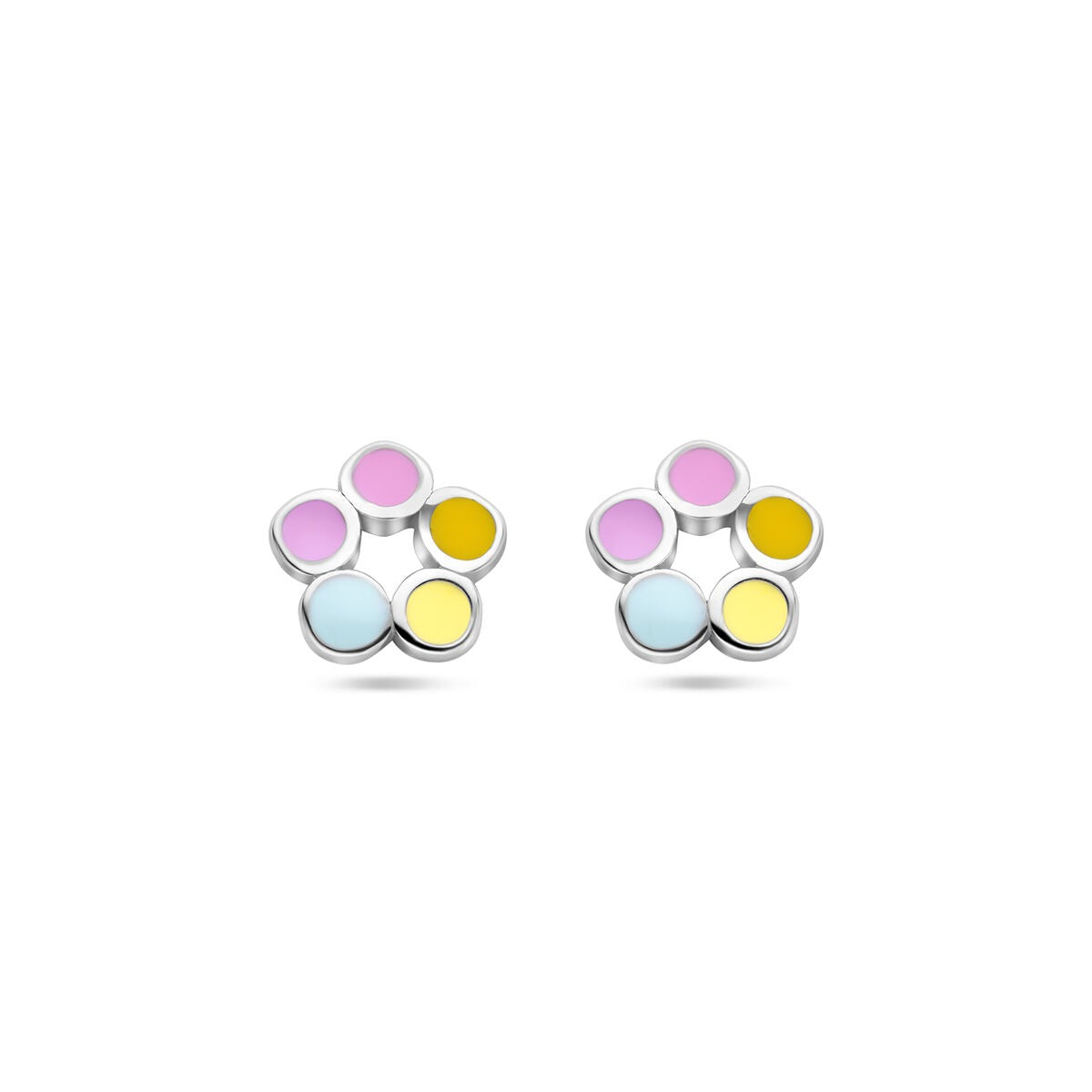 Ohrstecker aus rhodiniertem Silber in Blumenform mit bunten, runden Elementen in Pink, Blau und Gelb