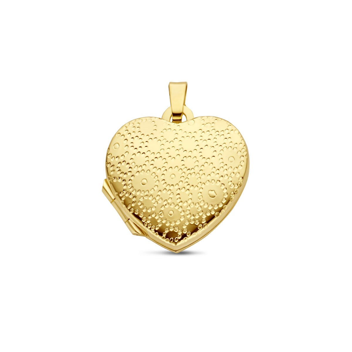 Herzförmiges Medaillon aus 14k Gelbgold mit gravierter Oberfläche und floralem Muster