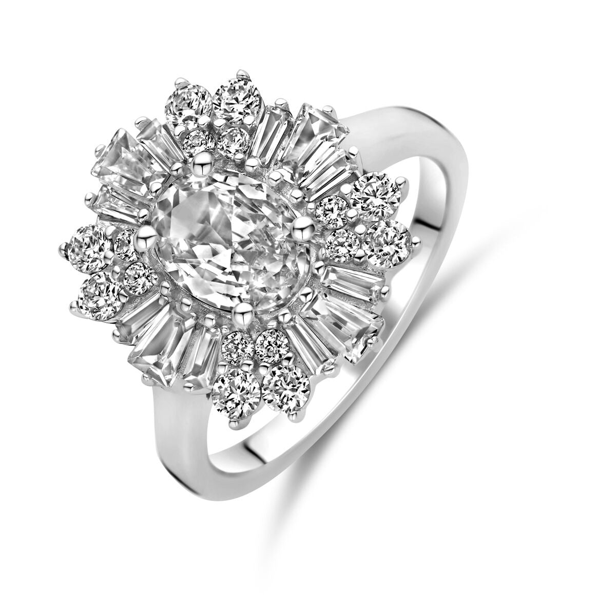 Ring aus rhodiniertem 925 Silber mit ovalem Zirkonia und funkelnden Steinen, 14,5 mm breit