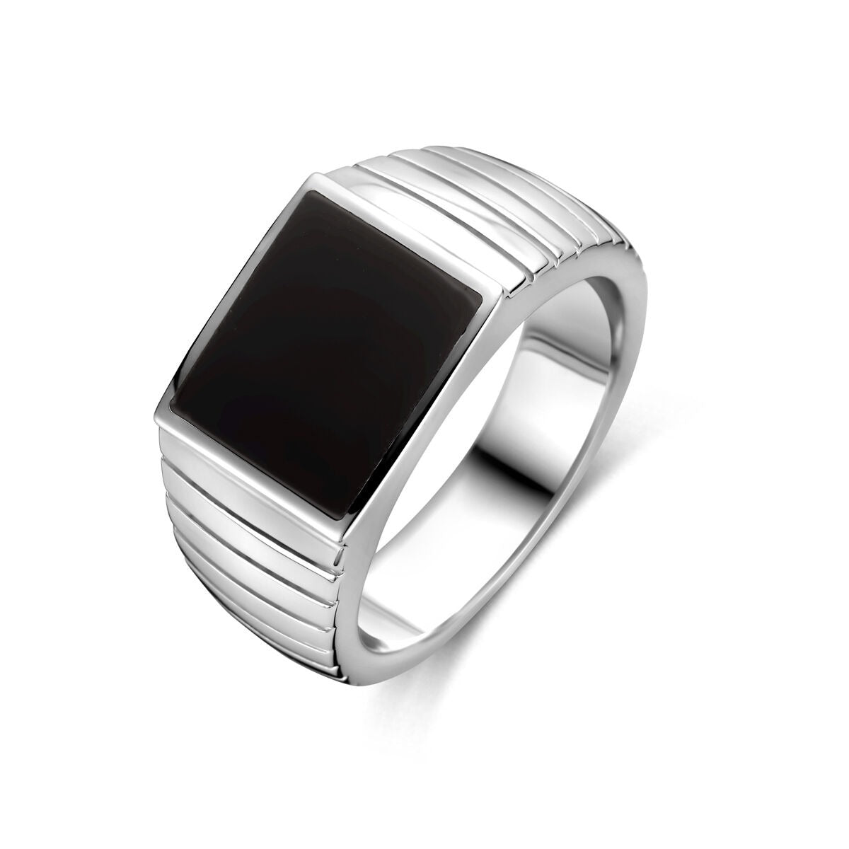 Herren-Siegelring aus Silber mit schwarzem Onyx, 10,5 mm breit, mit gestreifter Oberfläche