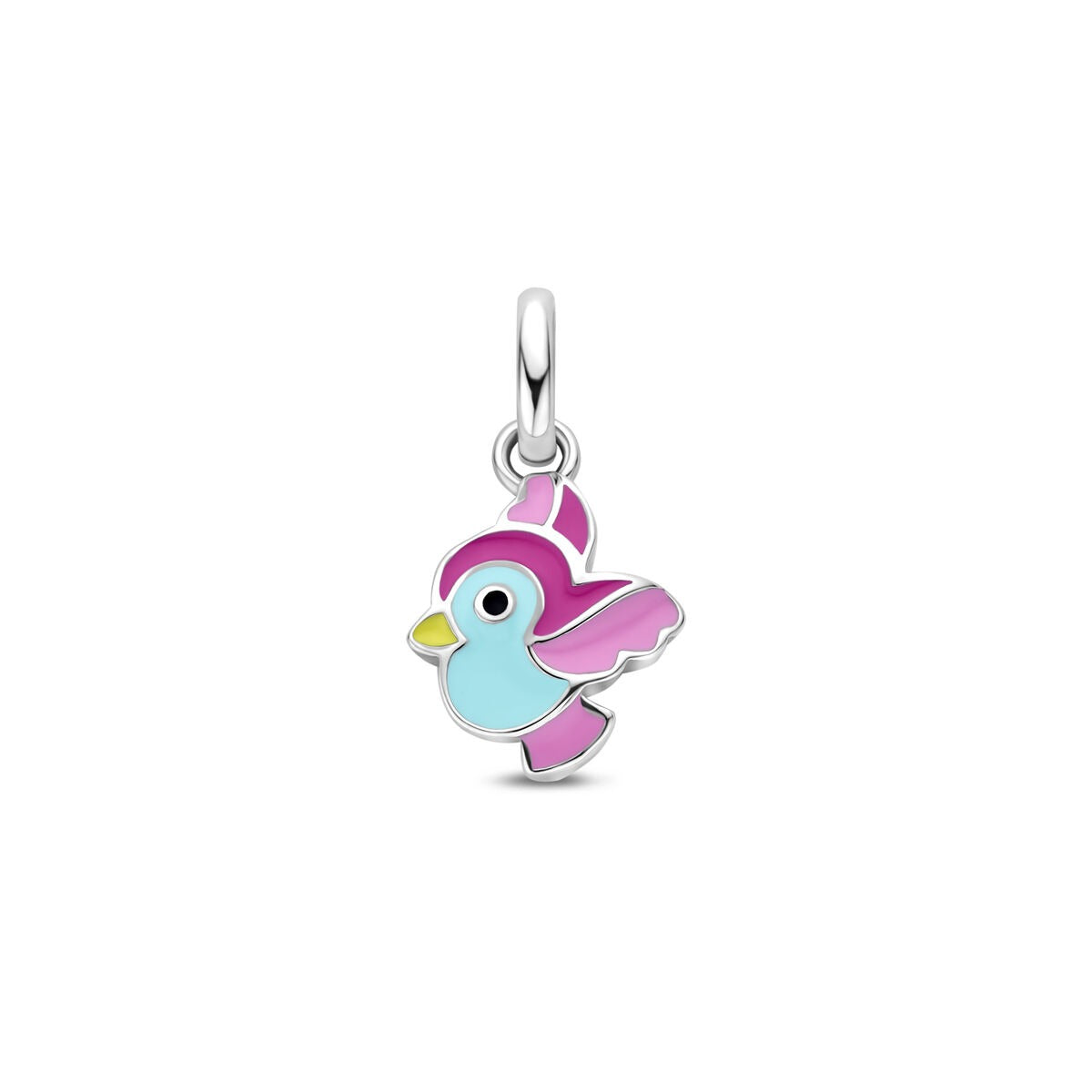 Hängender silberner Kinderanhänger in Form eines bunten Vogels mit pinken und blauen Details