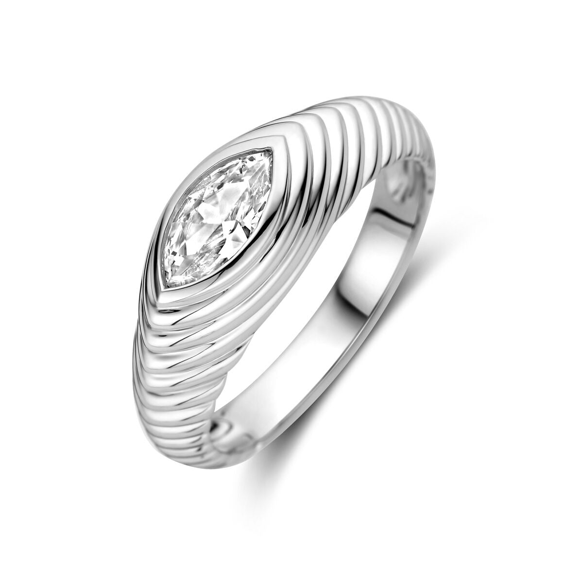 Silberner Damenring aus rhodiniertem 925 Silber mit markisenförmigem Zirkonia und gewelltem Design