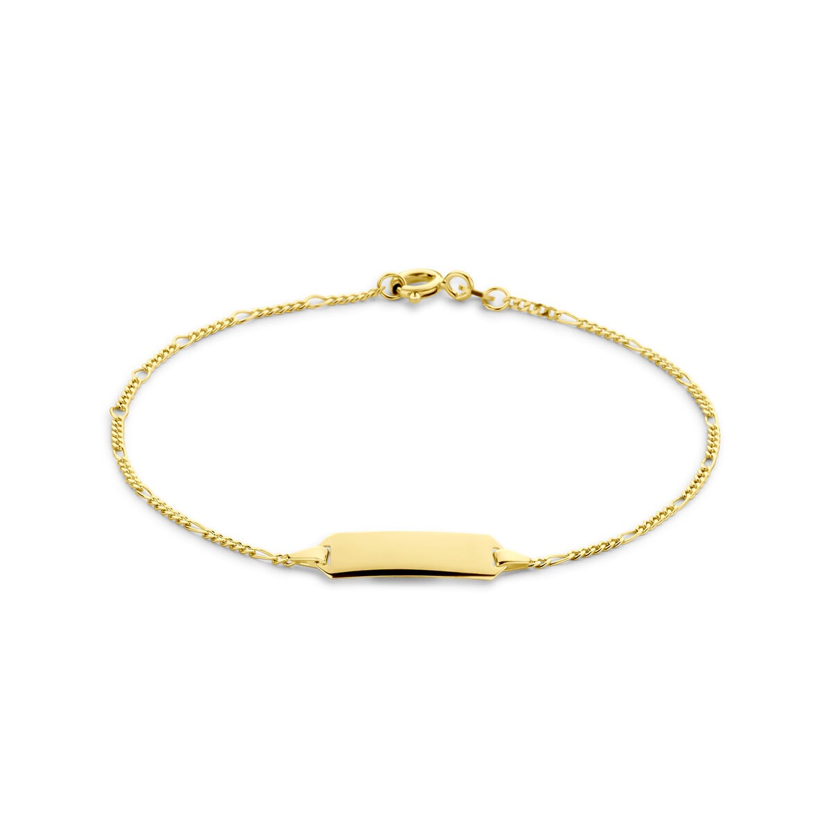 Gravurarmband aus 14k Gelbgold mit Figaro-Gliedern und glattem, rechteckigem Anhänger