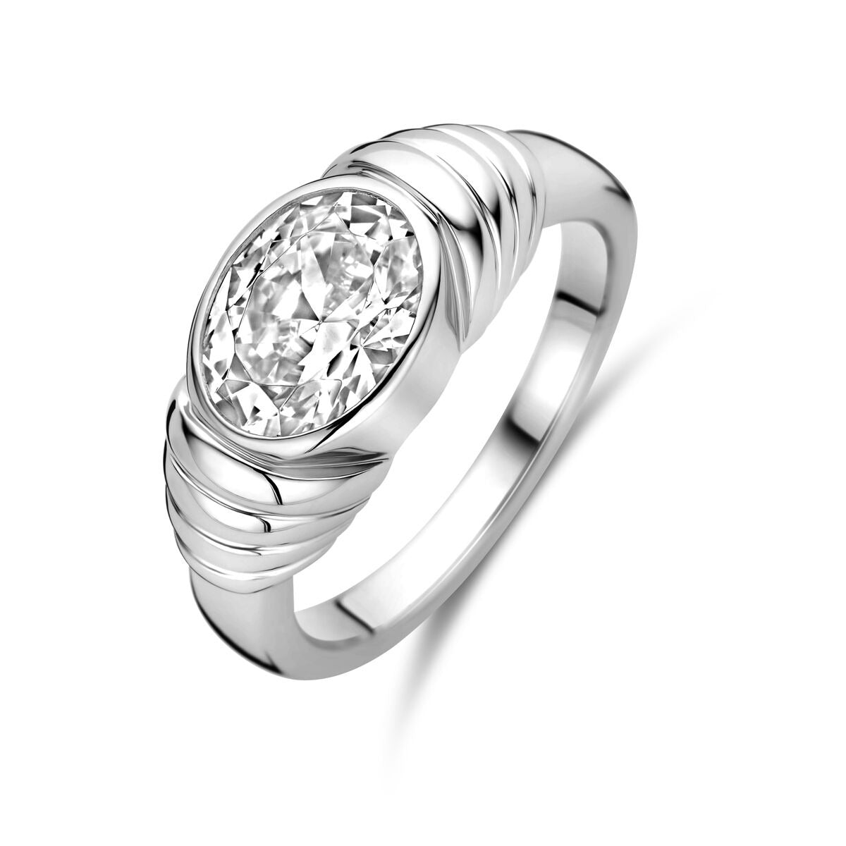 Damenring aus rhodiniertem 925 Silber mit ovalem Zirkonia, 8 mm breit, glänzende Oberfläche