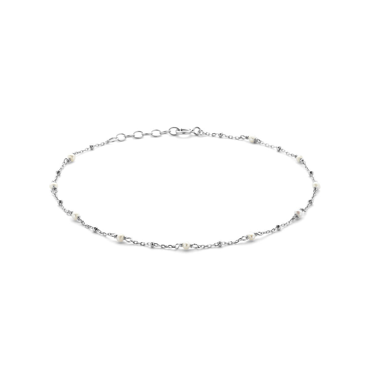 Silbernes Fußkettchen aus rhodiniertem 925 Silber mit weißen Perlen, 24–26 cm lang