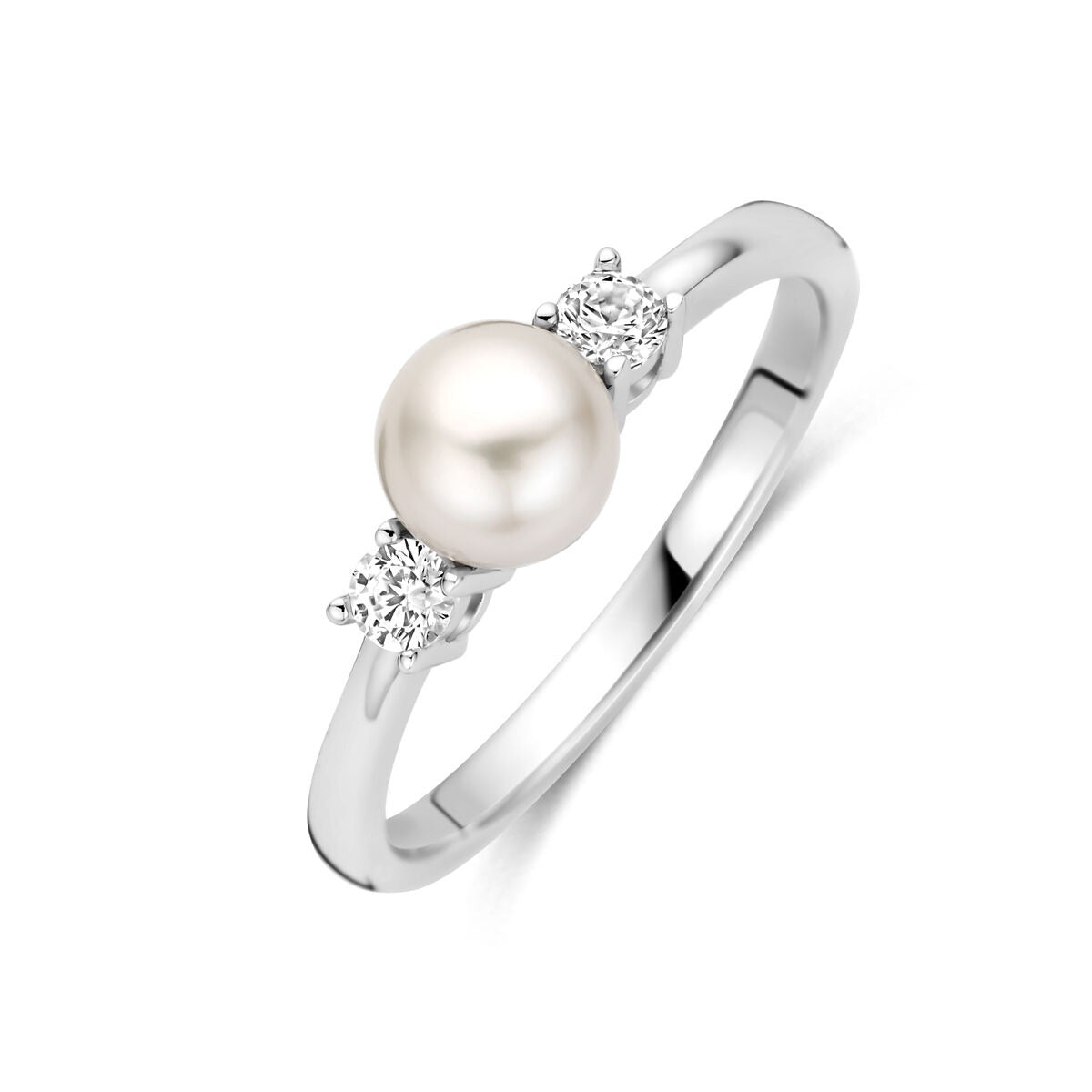 Ring aus rhodiniertem 925 Silber mit einer Perle und zwei Zirkonia-Steinen