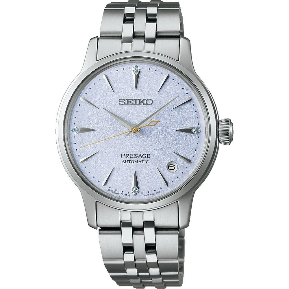 Damenarmbanduhr von Seiko Presage mit silbernem Gehäuse, blauem Zifferblatt und Edelstahlarmband