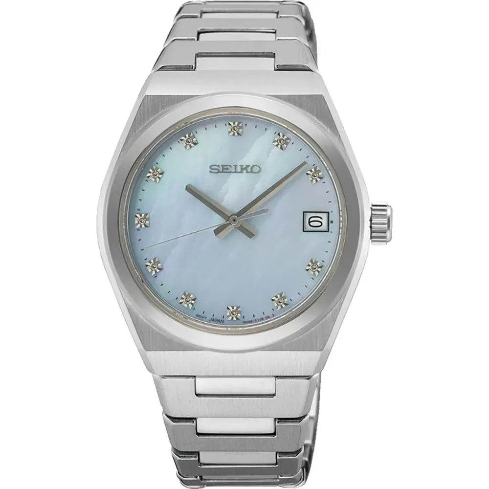 Damenarmbanduhr von Seiko mit silbernem Gehäuse, blauem Zifferblatt und Datumsanzeige.