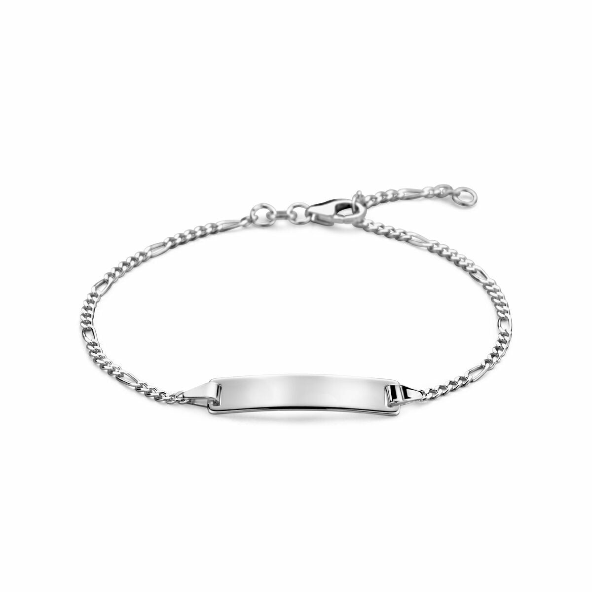 Silberne Damen-Graveurarmband mit rechteckiger Platte und Figaro-Gliedern