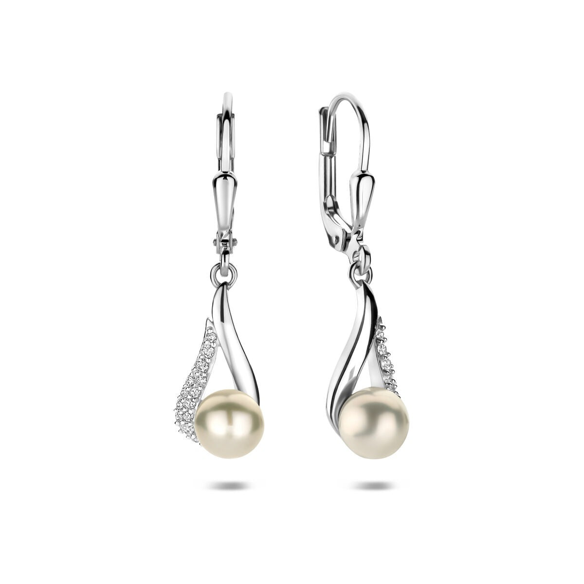 Silberne Ohrhänger mit Perle und Zirkonia – rhodiniertes 925er Silber 30 mm