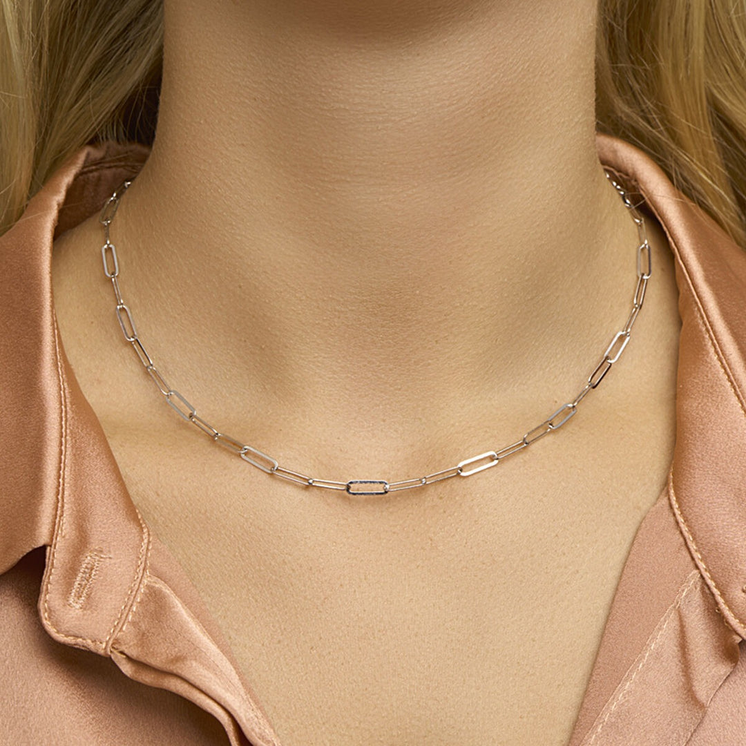 Halskette Büroklammer Flachrohr 3,8 mm 41 + 4 cm Silber rhodiniert