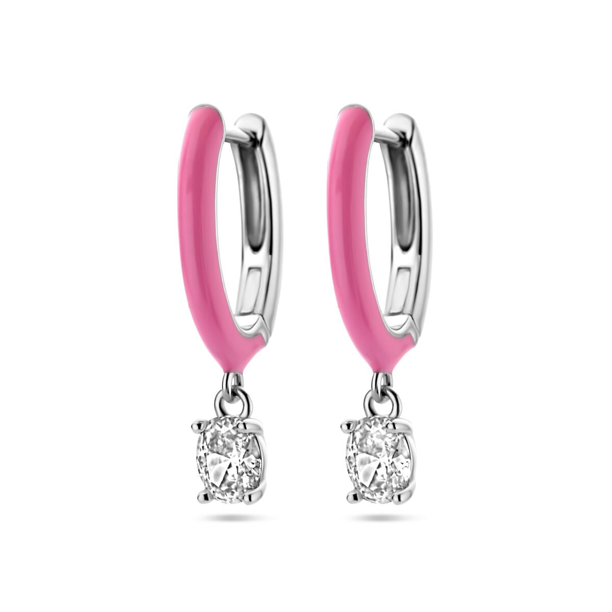 Silberne Klapohringe aus rhodiniertem 925 Silber mit rosa Emaille und Zirkonia-Anhängern