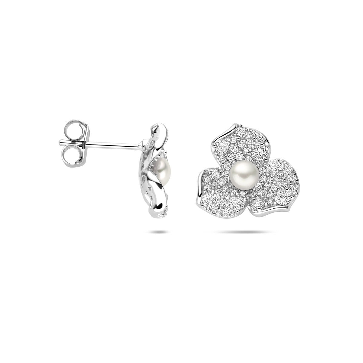 Ohrstecker aus rhodiniertem 925er Silber mit Blumenmotiv, Zirkonia und Perle