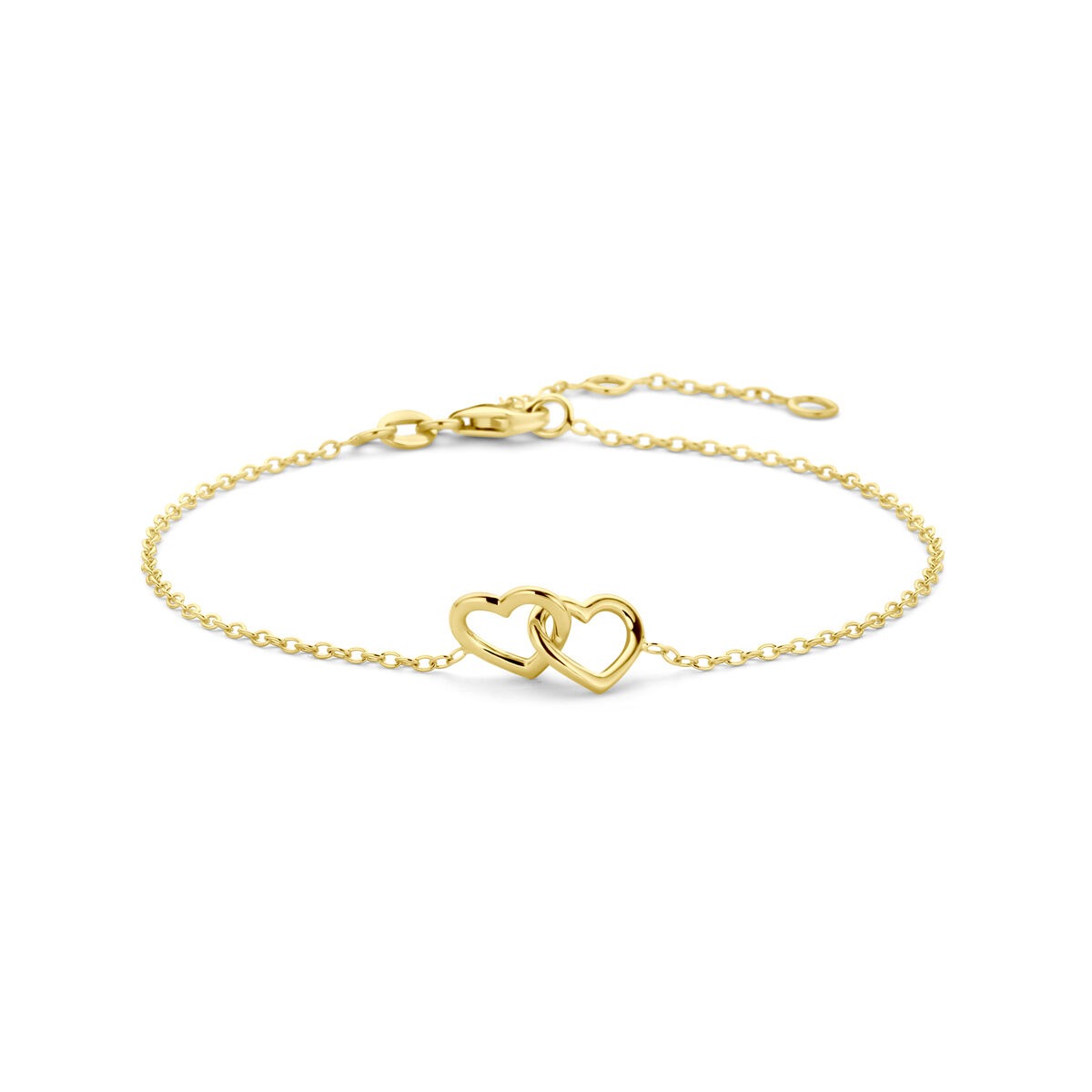 14k Gelbgoldene Armband mit zwei Herzen und feiner Kette