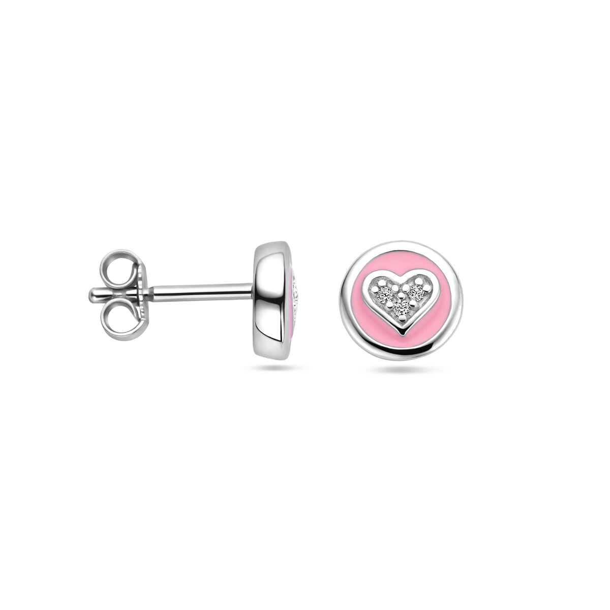 Kinderohrstecker aus Silber mit rosa Emaille und Zirkonia-Herzchen