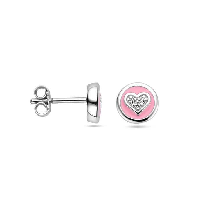 Ohrstecker Herz aus Zirkonia und rosa Emaille, Silber rhodiniert