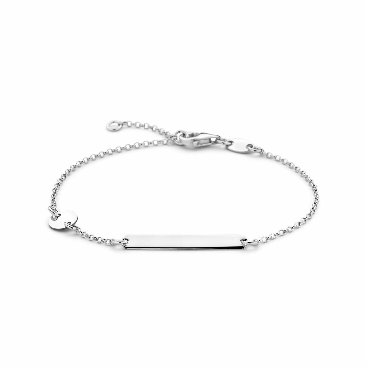 Gravierte Armbanduhr aus rhodiniertem Silber mit flacher, rechteckiger Plakette und kreisförmigem Anhänger