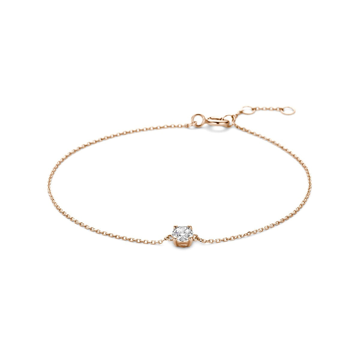 Armband aus 14k Roségold mit Zirkonia, Ankerkette, Länge 16,5–18,5 cm