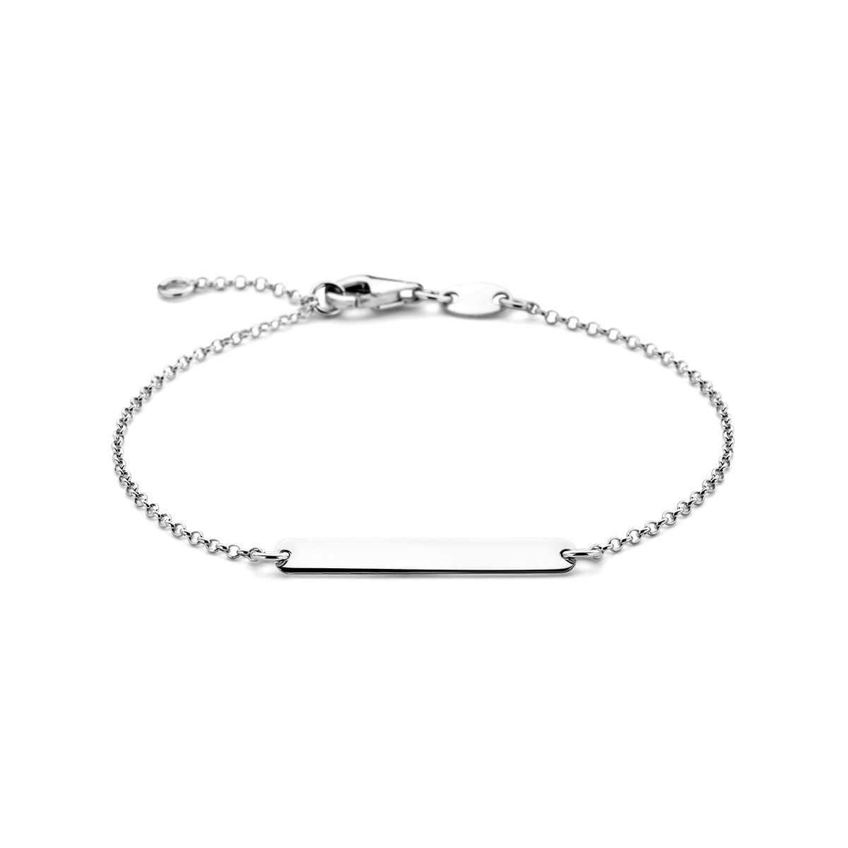 Gravurarmband aus rhodiniertem Silber mit rechteckiger Platte und feiner Kette