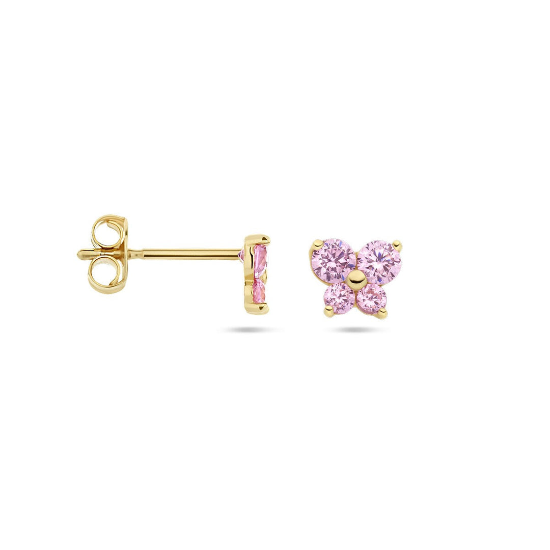Schmetterlings-Ohrstecker mit rosa Zirkonia aus 14-karätigem Gelbgold