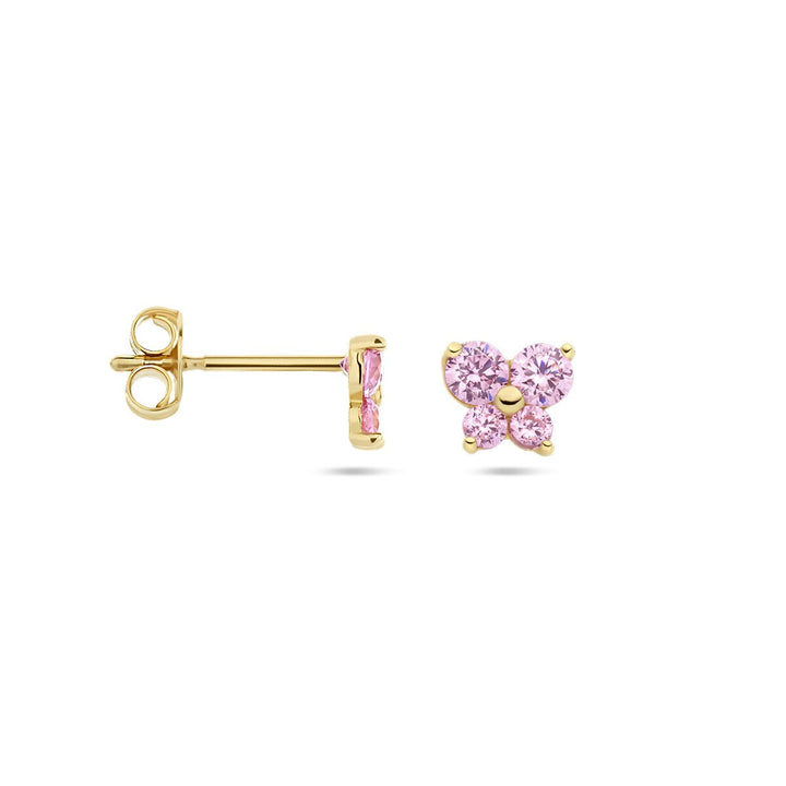 Schmetterlings-Ohrstecker mit rosa Zirkonia aus 14-karätigem Gelbgold