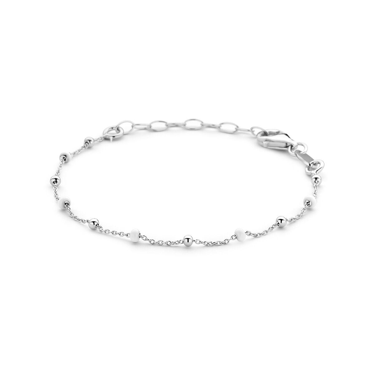 Kinderarmband aus rhodiniertem Silber mit weißen Emaille-Perlen und feiner Gliederkette