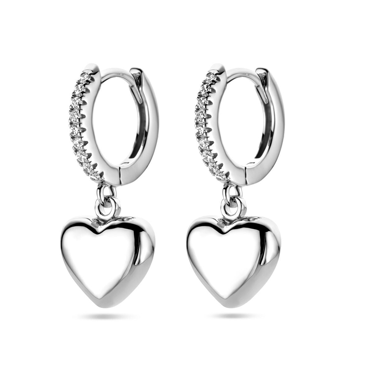 Silberne Klapp-Ohrringe mit Herz und Zirkonia, rhodiniert, aus 925 Silber.