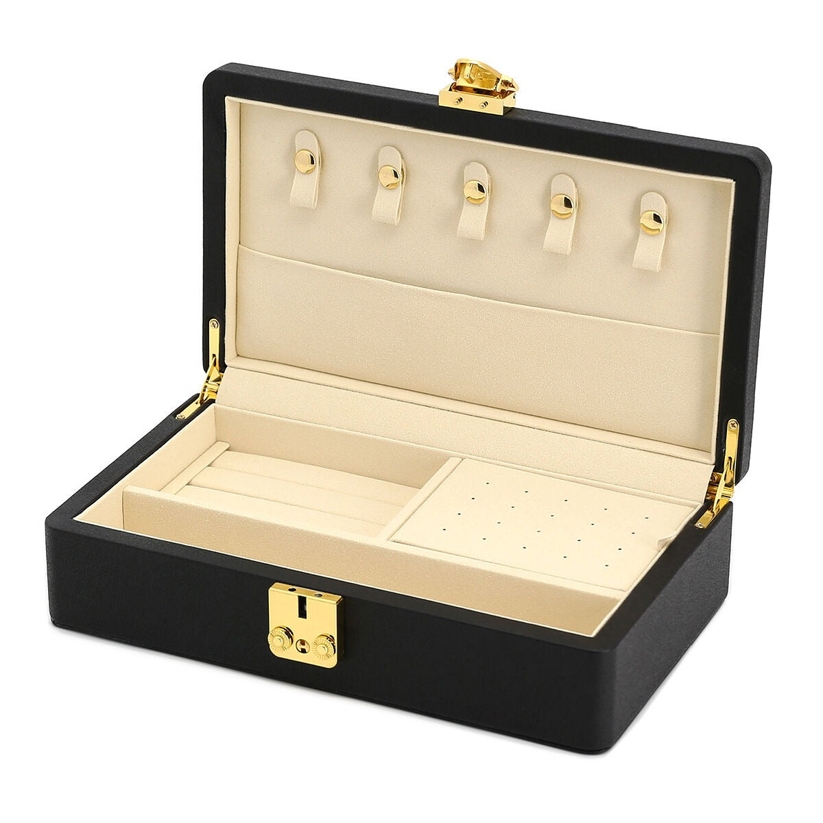 Luxuriöse schwarze Schmuckschatulle mit goldfarbenen Details – kompakt & stilvoll