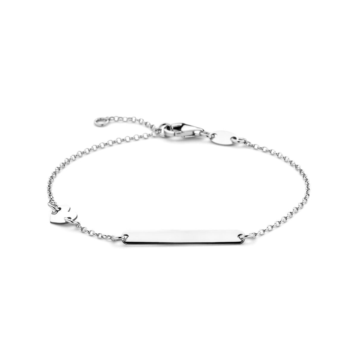 Gravierte Armbanduhr aus rhodiniertem Silber mit Herzanhänger und schmalem, flachem Plättchen