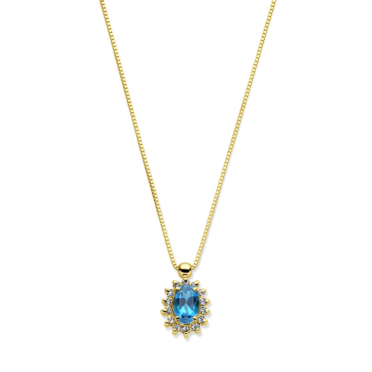 14k gelbgoldenes Collier mit London Blue Topas und Diamanten, ovaler Anhänger mit blauer Steinfarbe