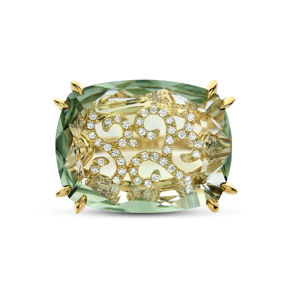 14k Geelgouden ring met groene amethist en diamant