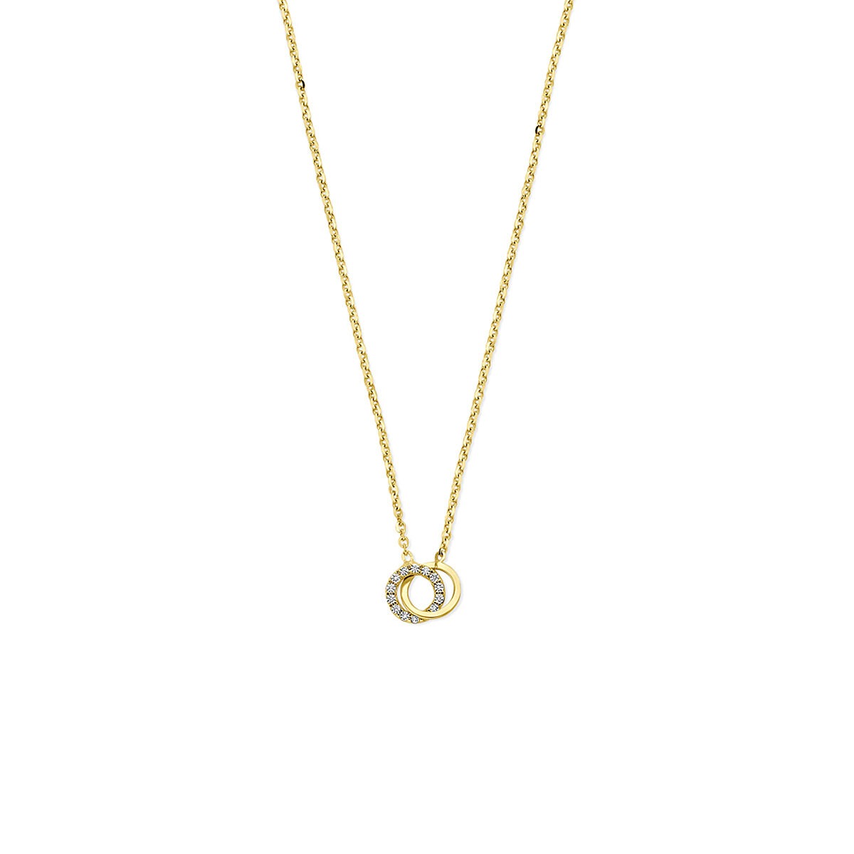 14k gelbgoldene Damenkette mit Zirkonia und zwei ineinandergreifenden Ringen
