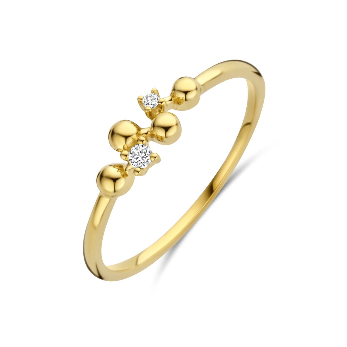 Damenring aus 14k Gelbgold mit drei runden Elementen und zwei kleinen Diamanten
