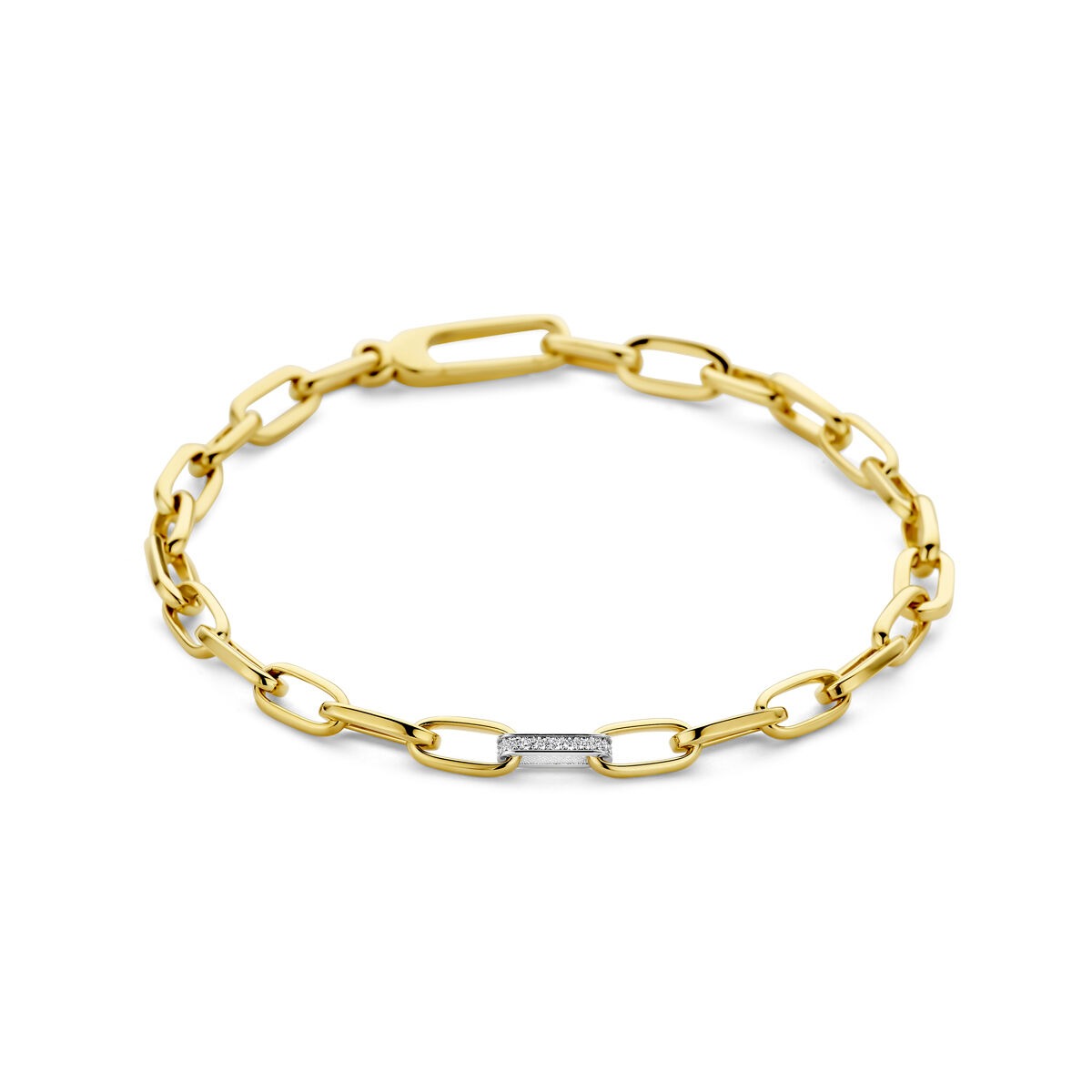 Bicolor Armband aus 14k Gold mit einem Diamanten in der Mitte und ovalen Gliedern
