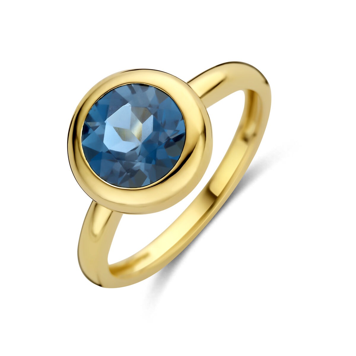 Damenring aus 14k Gelbgold mit rundem London Blue Topas in der Mitte