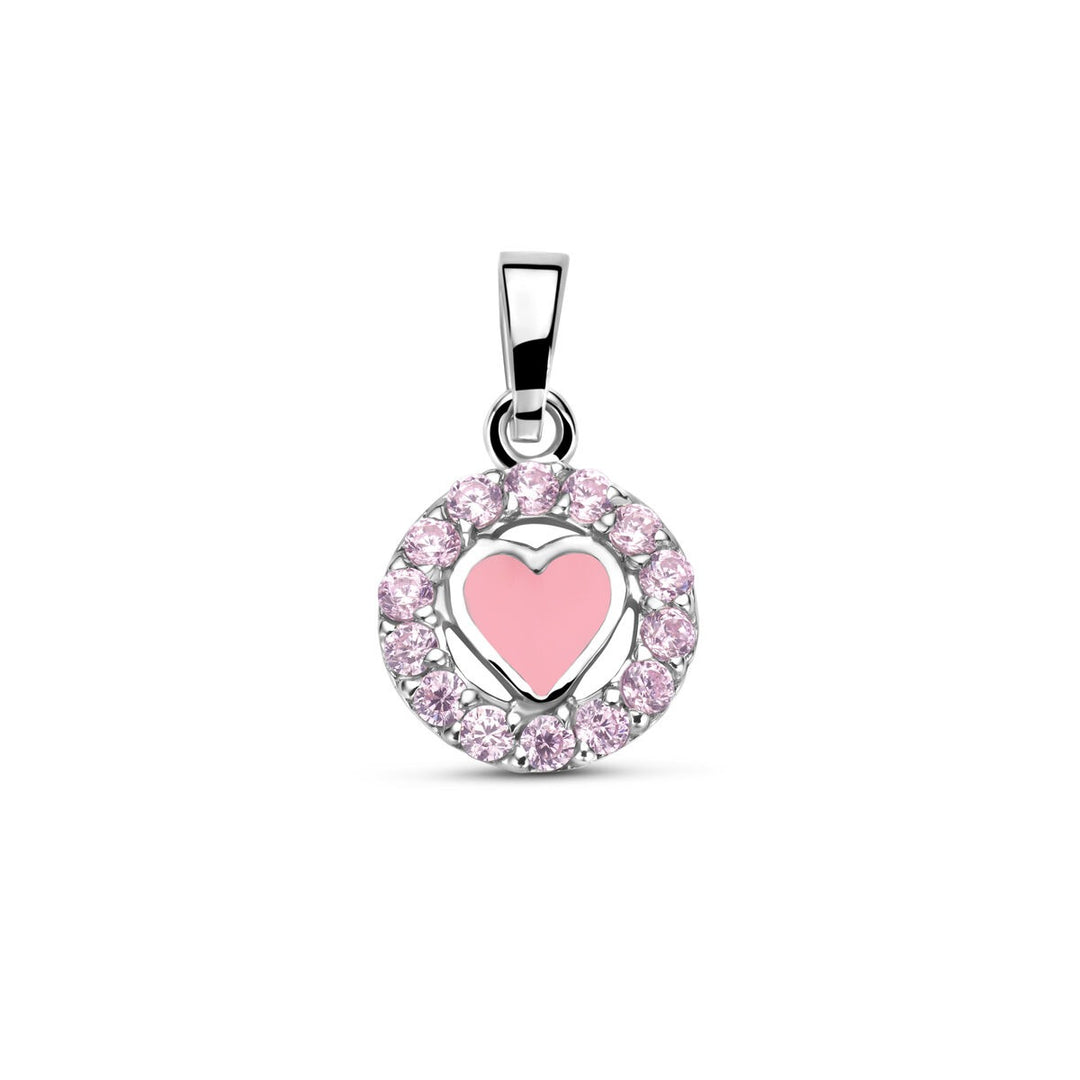 Zilveren hanger met roze emaille hart en zirkonia – 15 x 9 mm
