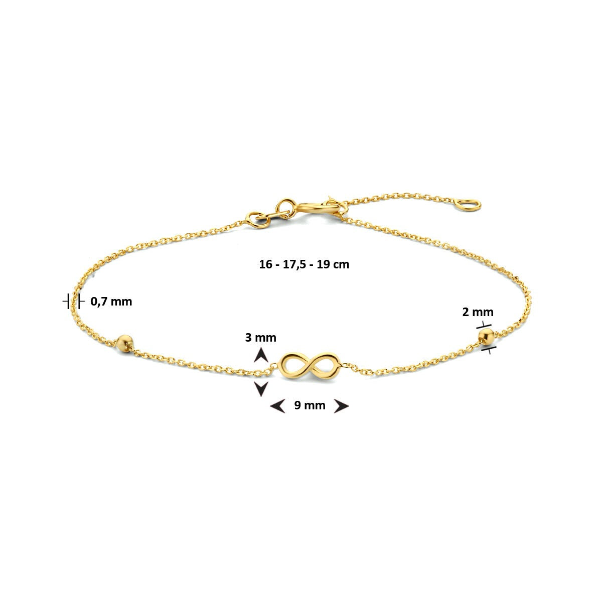 9k Geelgouden dames armband met infinity symbool en bolletjes