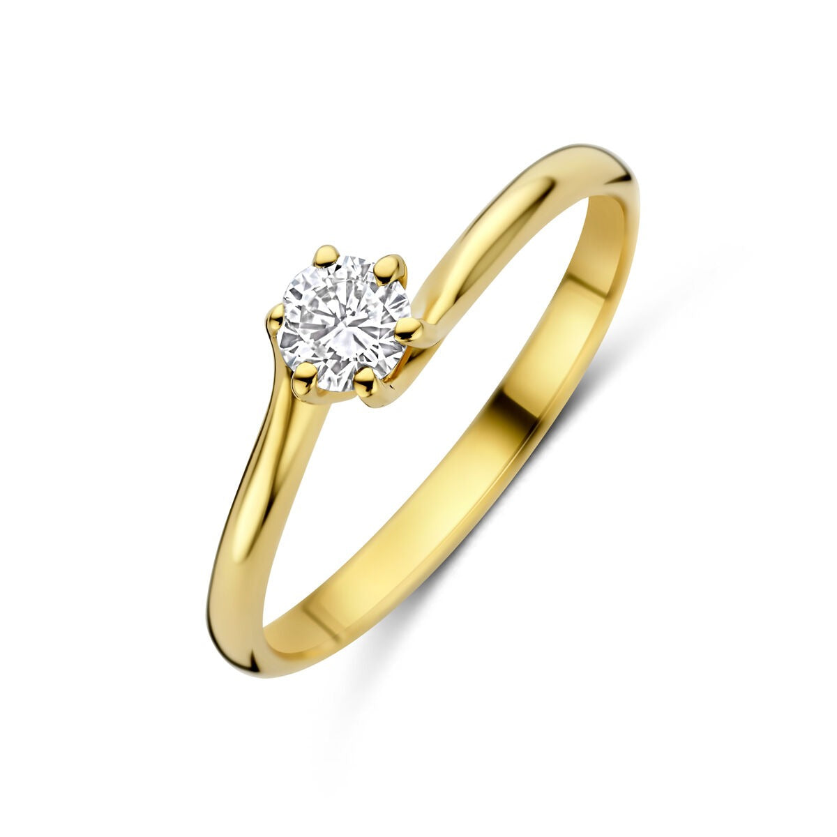 Ring aus 14k Gelbgold mit rundem, lab-grown Diamanten in der Zentrale.