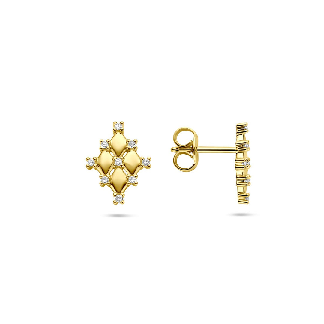 14k Geelgouden oorknoppen met diamant – 12 x 9 mm, ruitvormig