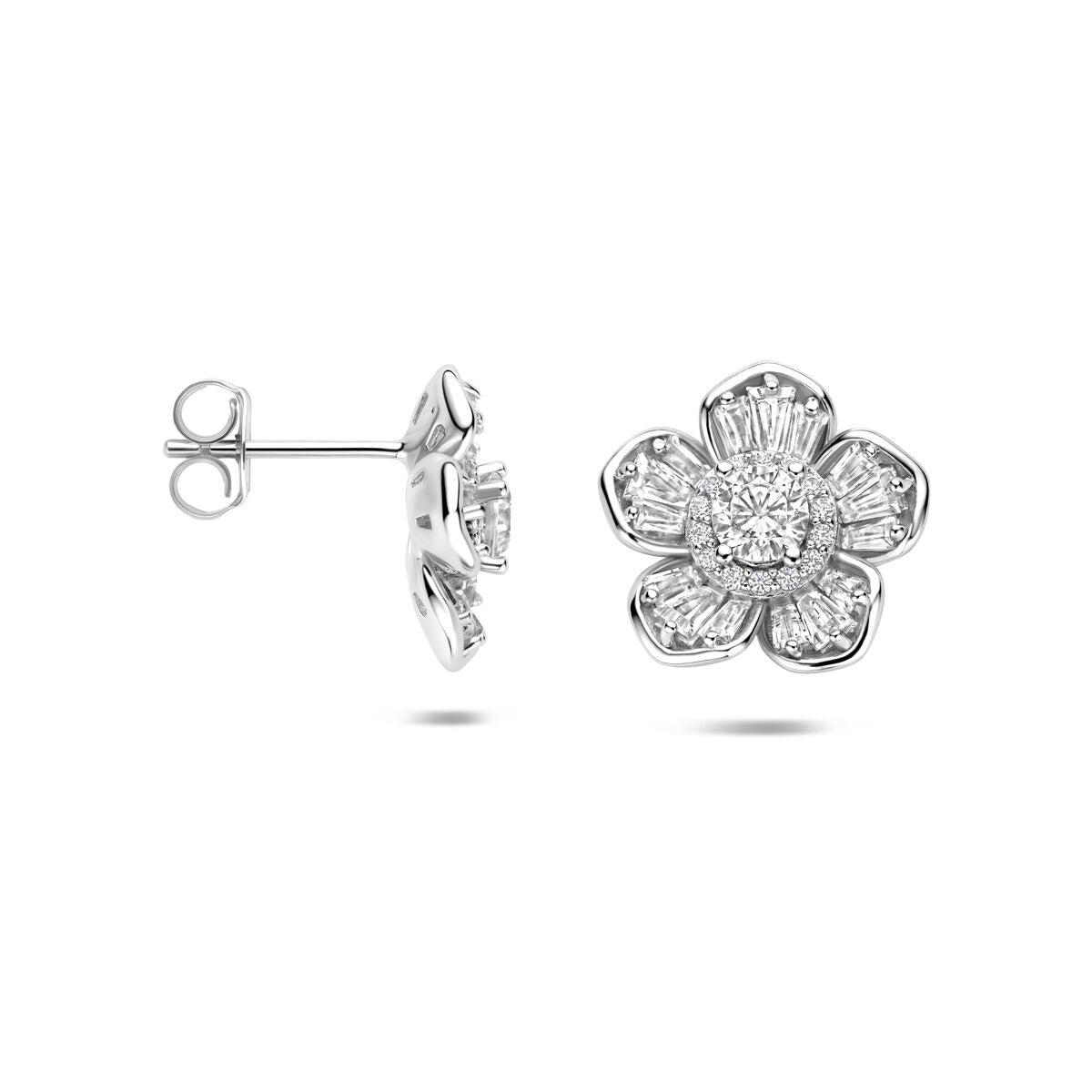 Rhodinierte Silberohrstecker Blume mit Zirkonia